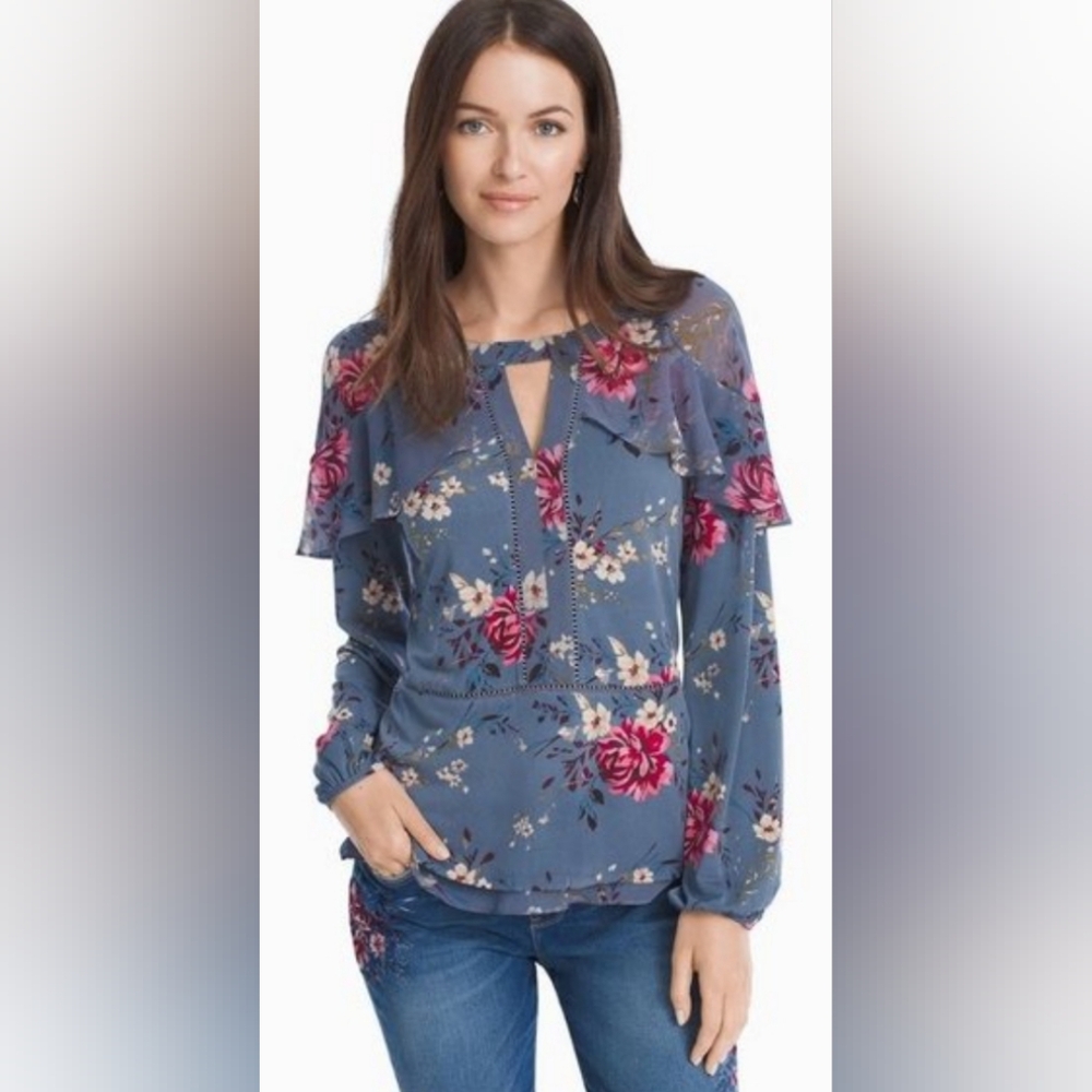 WHITE HOUSE BLACK MARKET Office Western Floral Blue Blouse (#971)